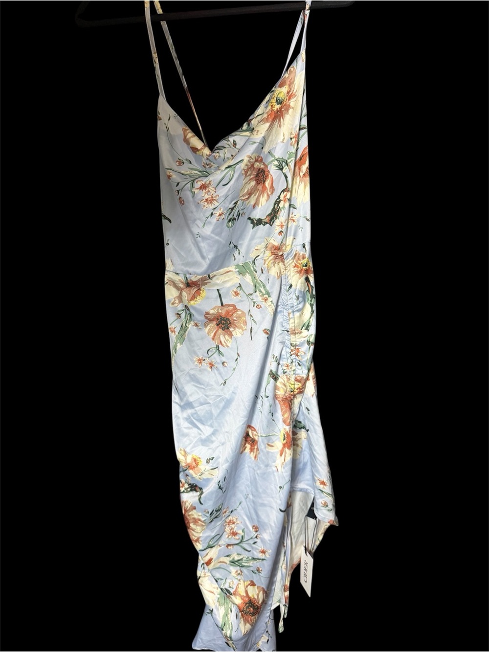 Cider Asymmetrical Slip Dress in Light Blue with Peach Floral Print